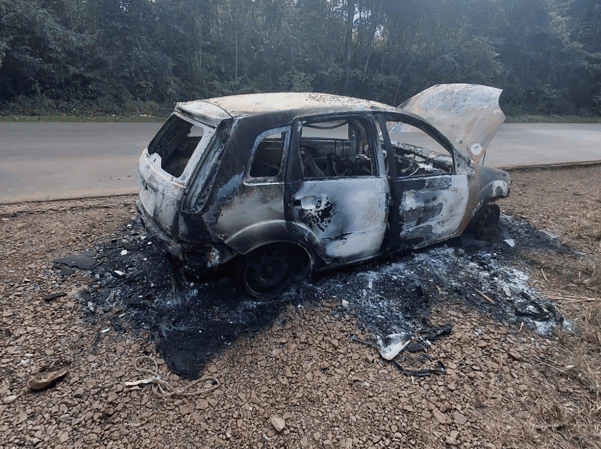 Veículo é destruído por incêndio às margens da ERS-587, em Cristal do Sul